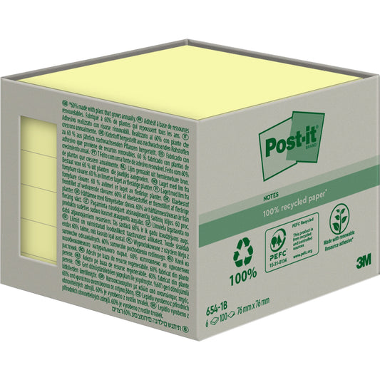 Post-it® Haftnotiz Recycling Notes 76 x 76 mm (B x H) gelb 100 Bl./Block 6 Block/Pack.