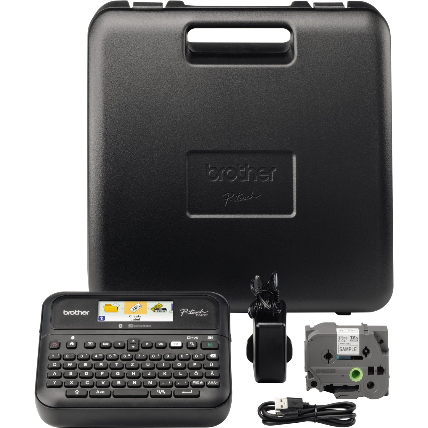Brother Beschriftungsgerät PT-D610BTVP 3 Display-Zeilen 8 Schriftgrößen 7 Druckzeilen inkl. TZe-Schriftbandkassette (24 mm x 4 m, schwarz auf weiß), Netzadapter, USB-Kabel