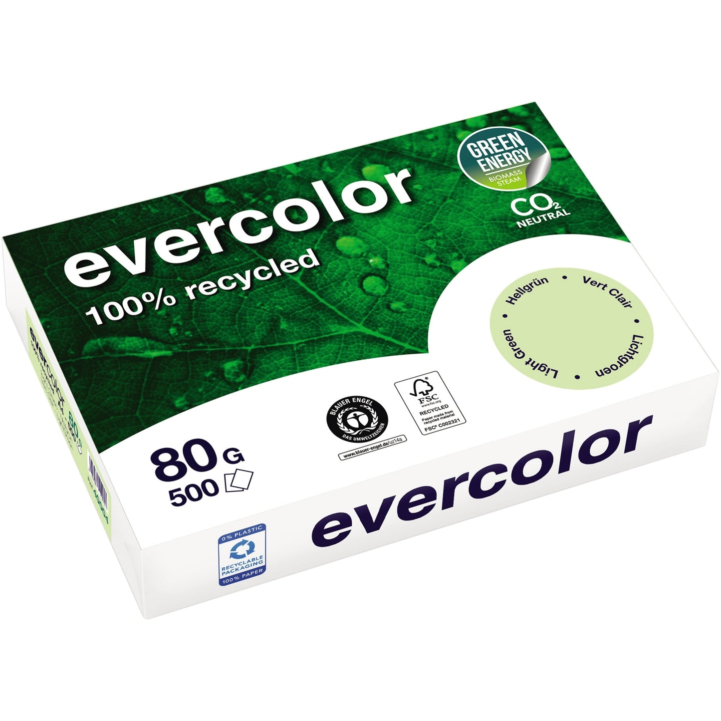 Clairefontaine Kopierpapier evercolor DIN A4 80g/m² 100 % Altpapier hellgrün 500 Bl./Pack.