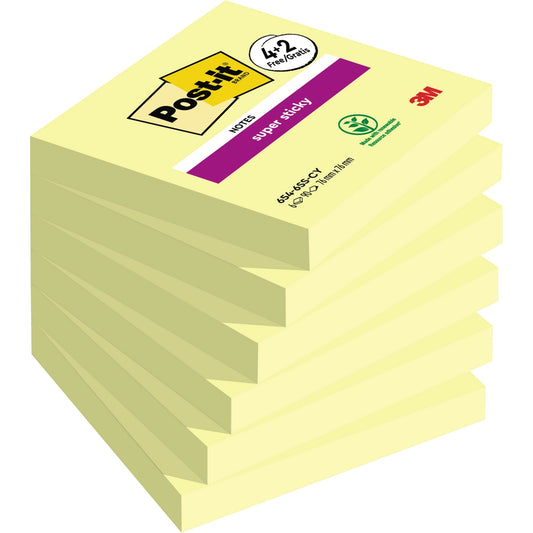 Post-it® Haftnotiz Super Sticky Notes 76 x 76 mm (B x H) gelb 90 Bl./Block 6 Block/Pack.
