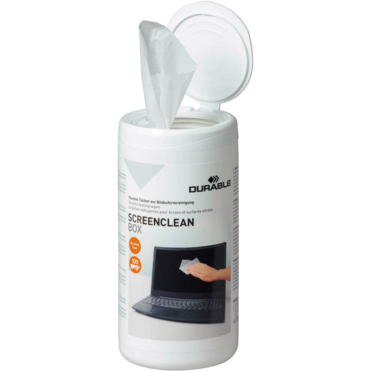 DURABLE Reinigungstuch SCREENCLEAN® BOX CRT-Monitore, TFT-Monitore, Laptops, Bildschirmfilter, Glasoberflächen von Kopierern, Glasoberflächen von Scannern feucht 100 St./Pack.
