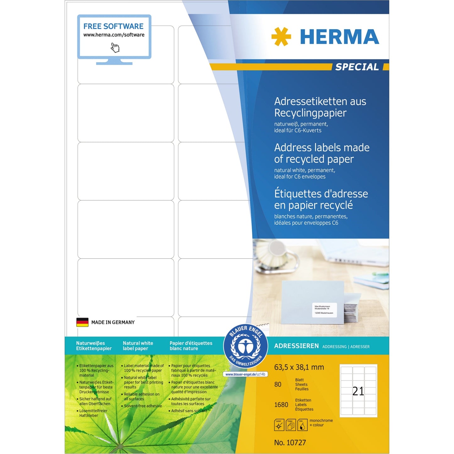 HERMA Universaletikett Recycling 63,5 x 38,1 mm (B x H) nicht wieder ablösbar Papier, 100 % recycelt naturweiß 1.680 Etik./Pack.