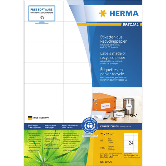 HERMA Universaletikett Recycling 70 x 37 mm (B x H) nicht wieder ablösbar Papier, 100 % recycelt naturweiß 1.920 Etik./Pack.