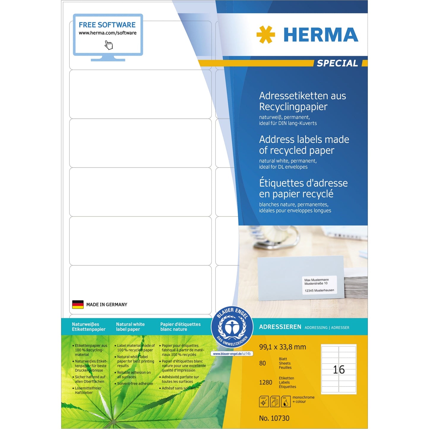 HERMA Universaletikett Recycling 99,1 x 33,8 mm (B x H) nicht wieder ablösbar Papier, 100 % recycelt naturweiß 1.280 Etik./Pack.