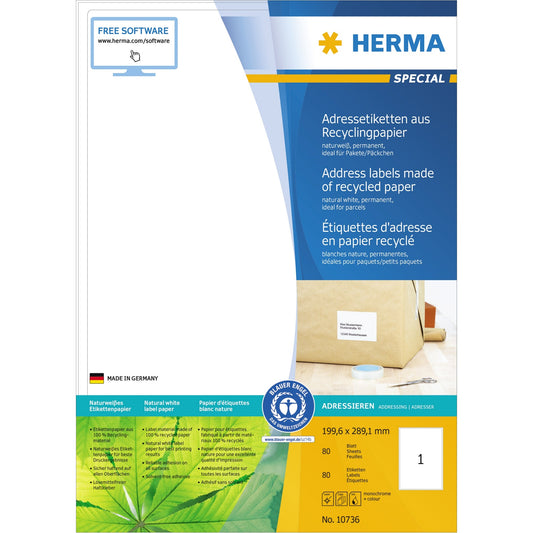 HERMA Universaletikett Recycling 199,6 x 289,1 mm (B x H) nicht wieder ablösbar Papier, 100 % recycelt naturweiß 80 Etik./Pack.