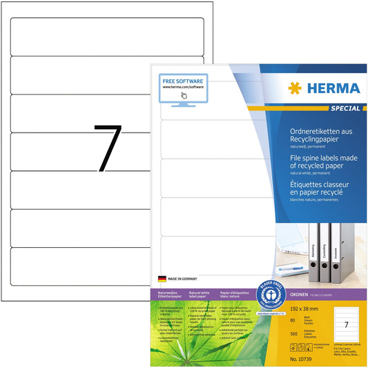 HERMA Ordnerrückenetikett Recycling schmal/kurz 38 x 192 mm (B x H) selbstklebend ohne Griffloch naturweiß 560 Etik./Pack.