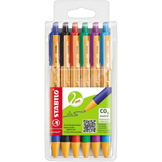 STABILO® Kugelschreiber pointball® 0,5mm M rot, blau, grün, schwarz, türkis, lila Mine auswechselbar Schaftfarbe: orange/weiß 6 St./Pack.