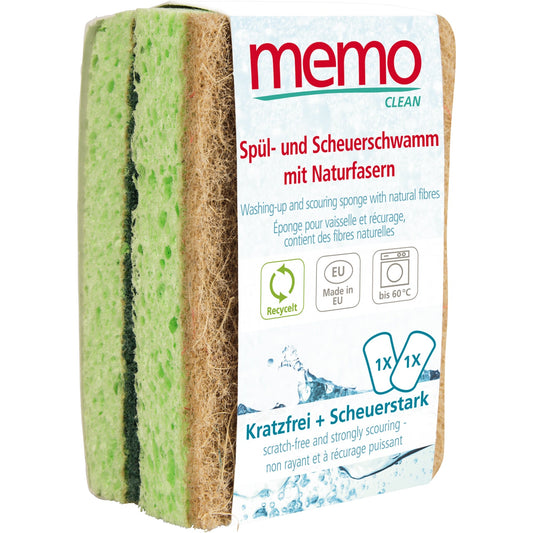 memo Reinigungsschwamm 6,5 x 1,8 x 9,8 cm (B x H x T) Zellulose/Agave/Recycling-PET Fasern/Mineralkörner hellgrün/beige 2 St./Pack.
