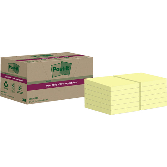 Post-it® Haftnotiz Super Sticky Recycling Notes 47,6 x 47,6 mm (B x H) gelb 70 Bl./Block 12 Block/Pack.