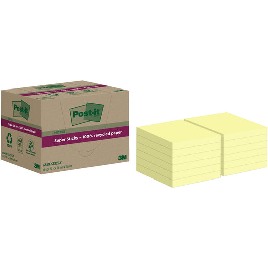 Post-it® Haftnotiz Super Sticky Recycling Notes 76 x 76 mm (B x H) gelb 70 Bl./Block 12 Block/Pack.