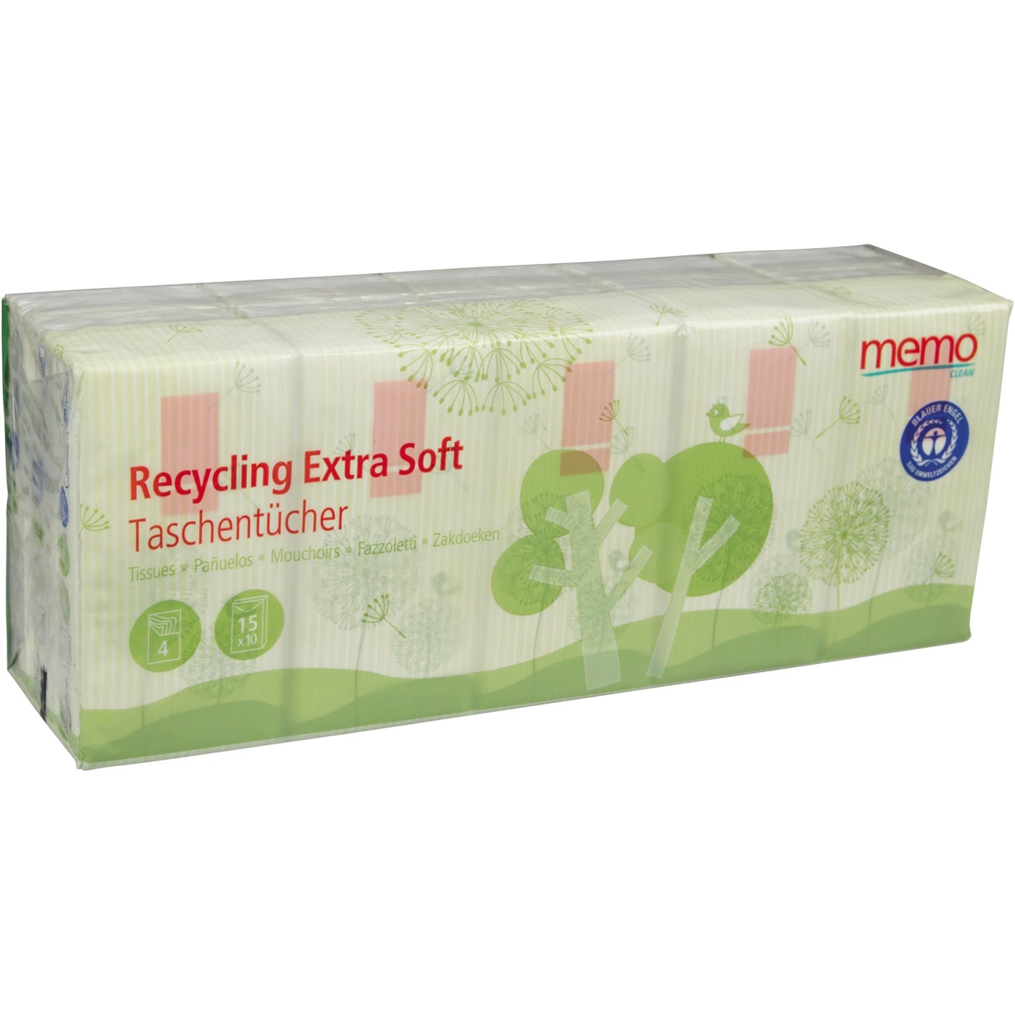 memo Papiertaschentücher Recycling Extra Soft 20 x 21 cm (B x H) 4-lagig Papier, 100 % recycelt weiß 15 x 10 St./Pack.