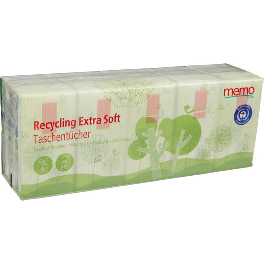 memo Papiertaschentücher Recycling Extra Soft 20 x 21 cm (B x H) 4-lagig Papier, 100 % recycelt weiß 15 x 10 St./Pack.