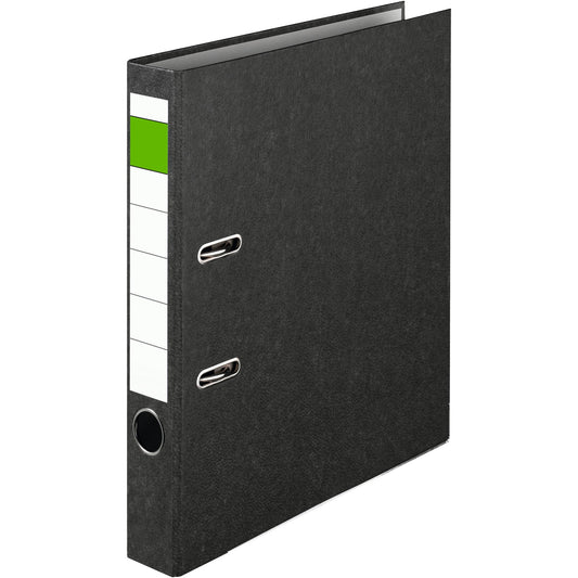 Ordner Economy 50mm DIN A4 Rückenschild: geklebt mit Schlitzen Werkstoff: Pappe, recycelt Material außen: Papier Material innen: Papier schwarz 25 St./Pack.