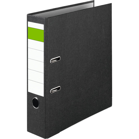 Ordner Economy 80mm DIN A4 Rückenschild: geklebt mit Schlitzen Werkstoff: Pappe, recycelt Material außen: Papier Material innen: Papier schwarz 20 St./Pack.