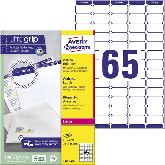 Avery Zweckform Adressetikett ultragrip 38,1 x 21,2 mm (B x H) Papier weiß 6.500 Etik./Pack.