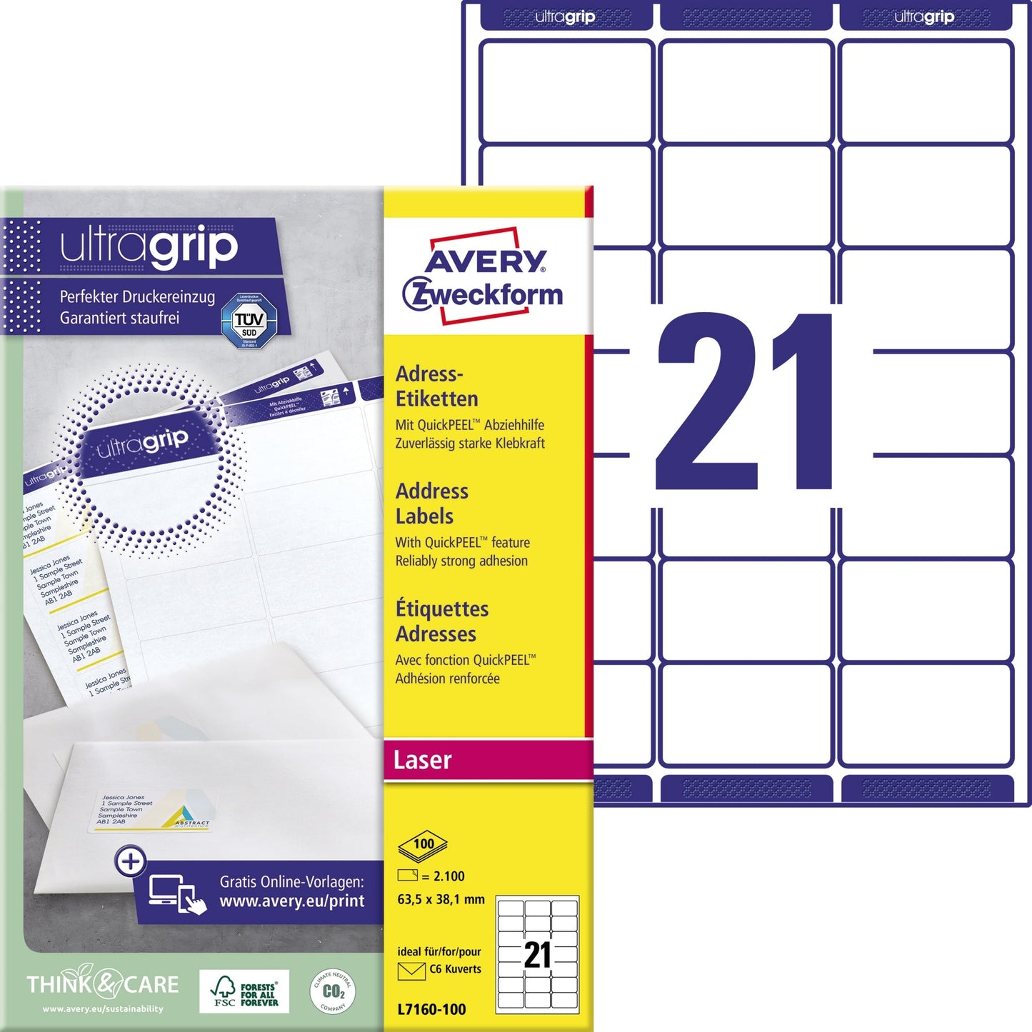 Avery Zweckform Adressetikett ultragrip 63,5 x 38,1 mm (B x H) Papier weiß 2.100 Etik./Pack.