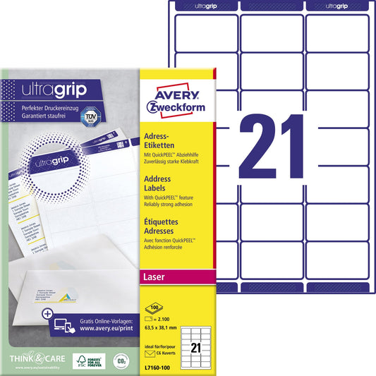 Avery Zweckform Adressetikett ultragrip 63,5 x 38,1 mm (B x H) Papier weiß 2.100 Etik./Pack.