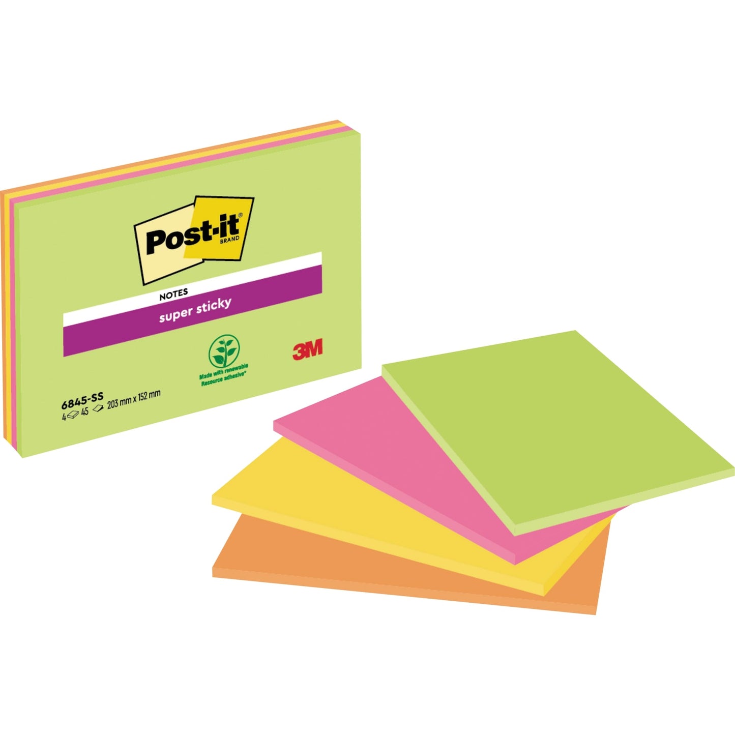 Post-it® Haftnotiz Super Sticky Meeting Notes 203 x 152 mm (B x H) je 1 x limonengrün, ultragelb, vitalorange, powerpink 45 Bl./Block 4 Block/Pack.