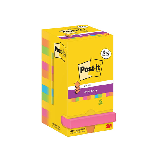 Post-it® Haftnotiz Super Sticky Z-Notes Carnival Collection 76 x 76 mm (B x H) ultragelb, powerpink, limonengrün 90 Bl./Block 12 Block/Pack.