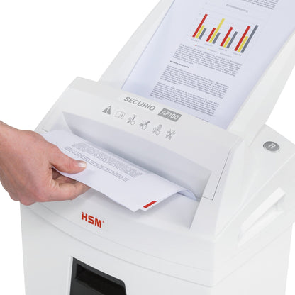 HSM® Aktenvernichter SECURIO AF100 P-4 Papier, Heftklammern, Büroklammern, Kreditkarten Partikelschnitt 8 Bl. manuell, 100 Bl. automatisch weiß
