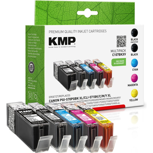 KMP Tintenpatrone kein Originalzubehör Kompatibel mit: Canon CLI-571XL BK/ PGI-570XL PGBK/ CLI-571XL C/ CLI-571XL M/ CLI-571XL Y C107BKXV ca. 500 Seiten schwarz, ca. 4.425 Seiten schwarz, ca. 715 Seiten cyan, ca. 645 Seiten magenta, ca. 715 Seiten gelb