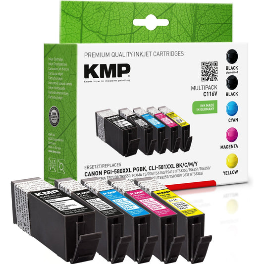 KMP Tintenpatrone kein Originalzubehör Kompatibel mit: PGI-580PGBKXXL/CLI-581BKXXL/CLI-581CXXL/CLI-581MXXL/CLI-581YXXL C116V ca. 2 x 600 Seiten schwarz, ca. 820 Seiten cyan, ca. 760 Seiten magenta, ca. 824 Seiten gelb schwarz, mehrfarbig 5 St./Pack.