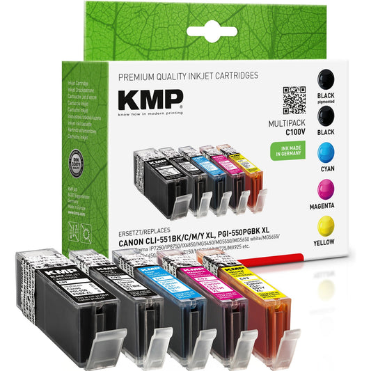 KMP Tintenpatrone kein Originalzubehör Kompatibel mit: Canon PGI550XL/CLI551XL C100V ca. 5.400 Seiten schwarz, ca. 500 Seiten schwarz, ca. 650 Seiten magenta, ca. 715 Seiten cyan, ca. 715 Seiten gelb schwarz, mehrfarbig 5 St./Pack.