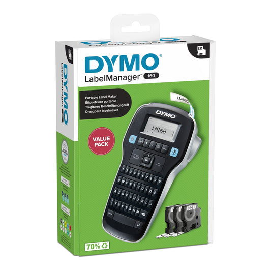 DYMO® Beschriftungsgerät LabelManagerT 160 Value Pack 1 Display-Zeile 6 Schriftgrößen 2 Druckzeilen inkl. 3 D1-Bänder 12 mm (schwarz auf weiß)