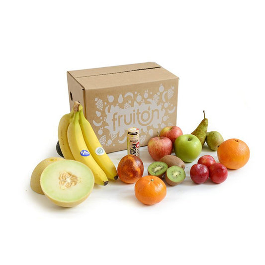 Obstpaket Vitamin Box Größe: M Bananen, Äpfel, Birnen, Kiwis, 3 x saisonale Sorten, 1 x Ingwer Shot (60 ml) 3kg