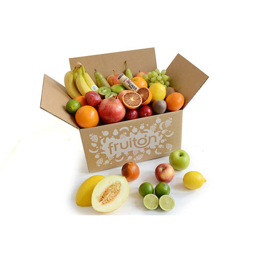 Obstpaket Vitamin Box Größe: XL Bananen, Äpfel, Birnen, Kiwis, Orangen, kernlose Weintrauben (250 g), 1 x Granatapfel, 2 x Zitronen, 4 x Limetten, 3 x saisonale Sorten, 1 x Ingwer-Shot (60 ml) 6kg