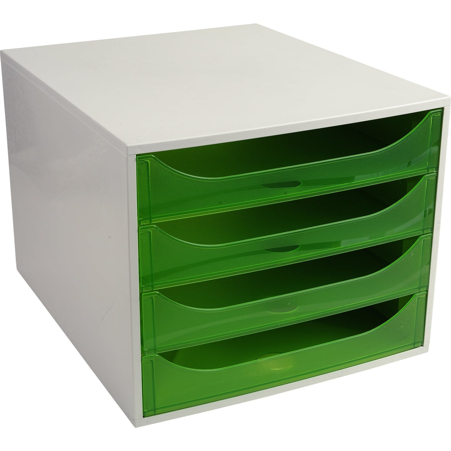 Exacompta Schubladenbox ECOBOX 4 Schubladen DIN A4, Überbreite Polystyrol Gehäusefarbe: grau Farbe der Schublade: apfelgrün transluzent
