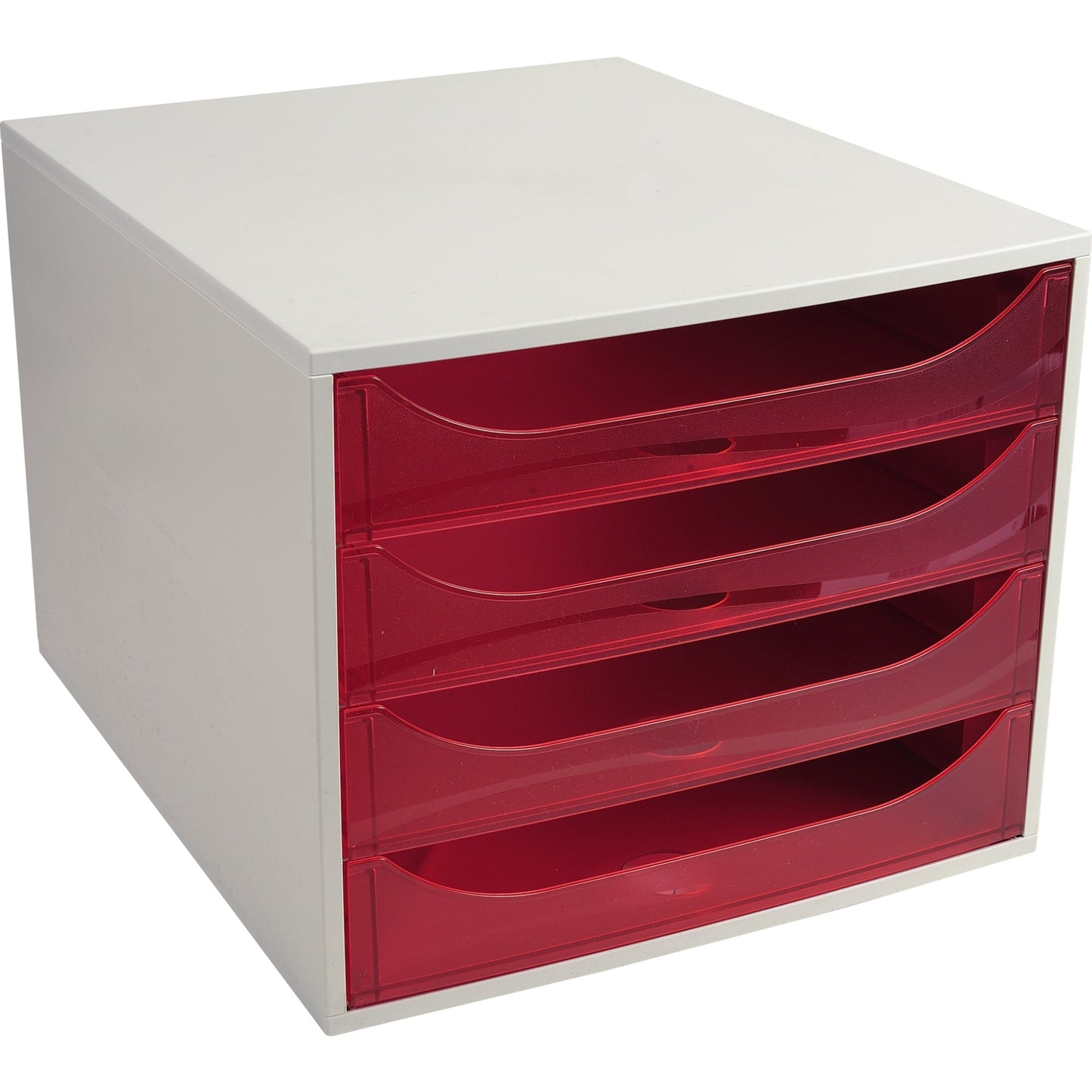 Exacompta Schubladenbox ECOBOX 4 Schubladen DIN A4, Überbreite Polystyrol Gehäusefarbe: grau Farbe der Schublade: himbeerfarben transluzent