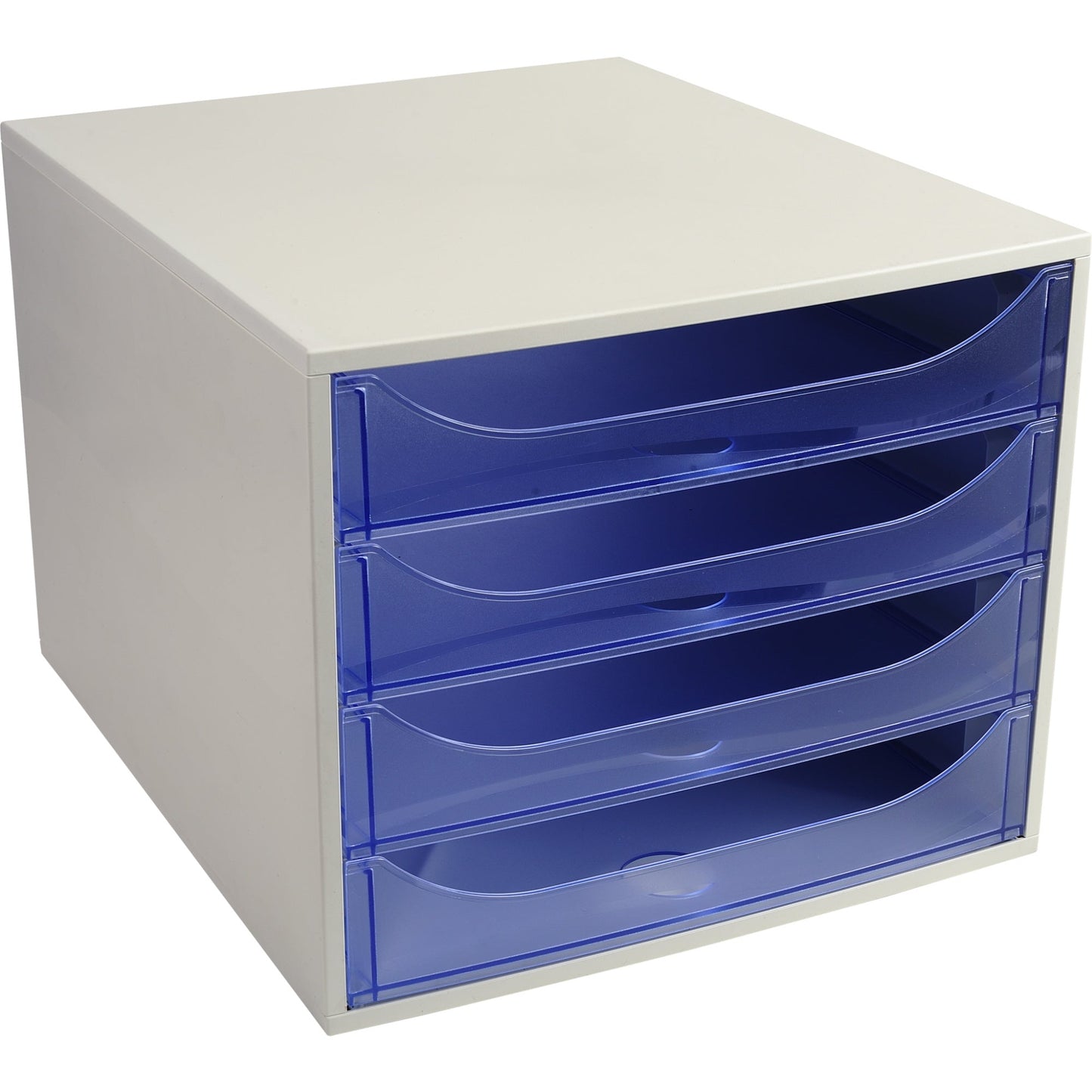 Exacompta Schubladenbox ECOBOX 4 Schubladen DIN A4, Überbreite Polystyrol Gehäusefarbe: grau Farbe der Schublade: eisblau transluzent