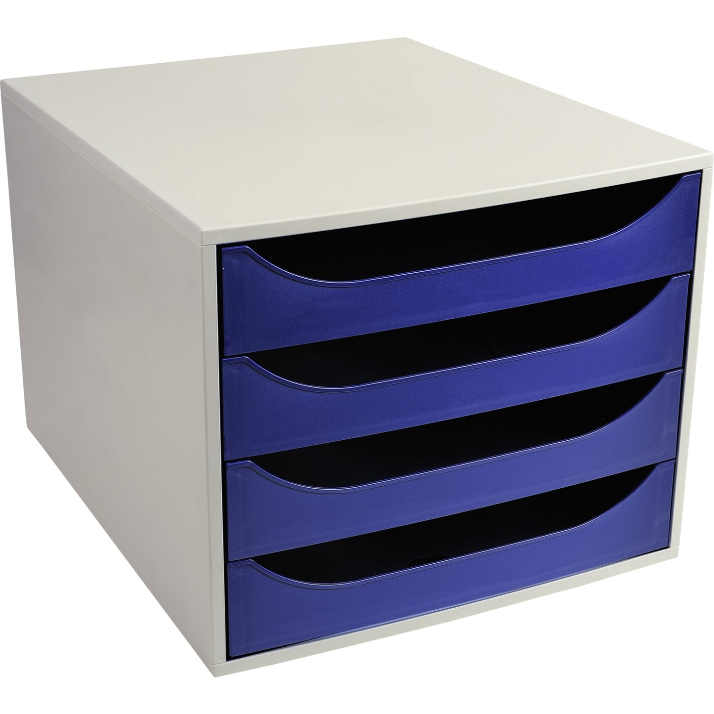Exacompta Schubladenbox ECOBOX 4 Schubladen DIN A4, Überbreite Polystyrol Gehäusefarbe: grau Farbe der Schublade: nachtblau