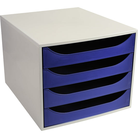 Exacompta Schubladenbox ECOBOX 4 Schubladen DIN A4, Überbreite Polystyrol Gehäusefarbe: grau Farbe der Schublade: nachtblau