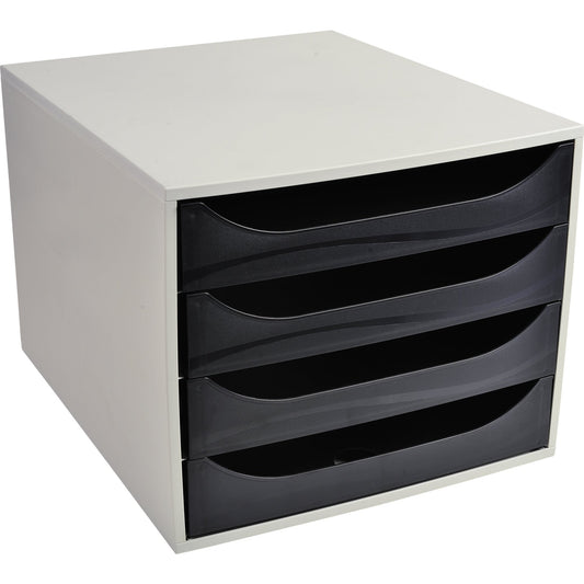 Exacompta Schubladenbox ECOBOX 4 Schubladen DIN A4, Überbreite Polystyrol Gehäusefarbe: grau Farbe der Schublade: schwarz
