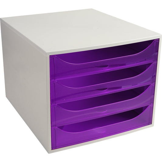 Exacompta Schubladenbox ECOBOX 4 Schubladen DIN A4, Überbreite Polystyrol Gehäusefarbe: grau Farbe der Schublade: violett transluzent