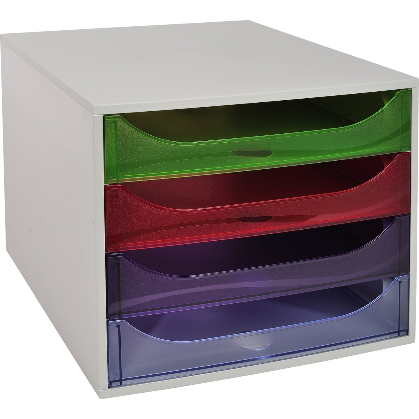 Exacompta Schubladenbox ECOBOX 4 Schubladen DIN A4, Überbreite Polystyrol Gehäusefarbe: grau Farbe der Schublade: mehrfarbig transluzent
