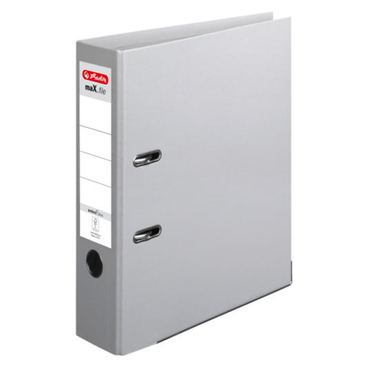Herlitz Ordner maX.file protect+ 80mm DIN A4 Rückenschild: einsteckbar mit Schlitzen Werkstoff: Pappe Material außen: Polypropylen Material innen: Polypropylen grau