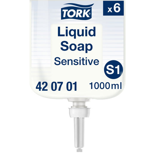 Tork Flüssigseife Sensitive neutral dermatologisch getestet Ausführung des Behälters: Flakon Material des Behälters: Kunststoff 6 x 1 l/Pack.