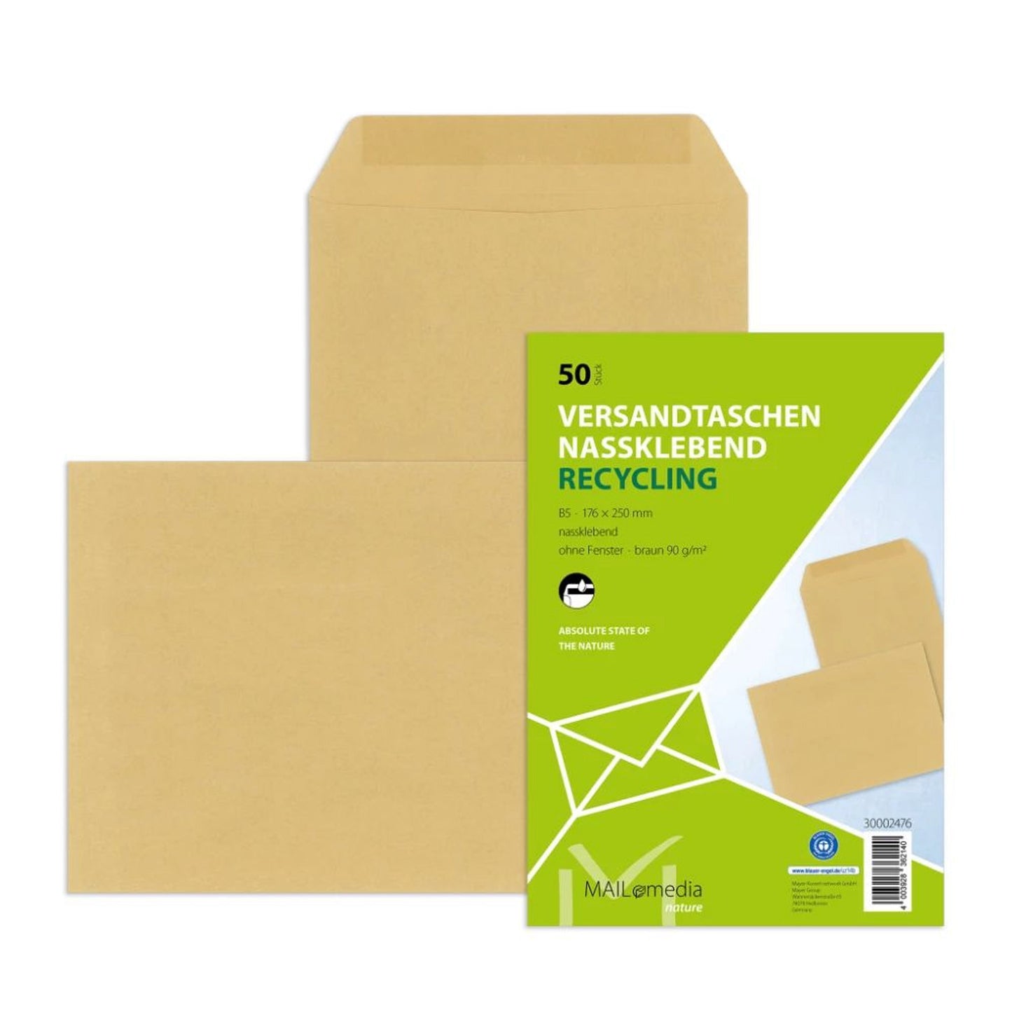 MAILmedia Versandtasche DIN B5 176 x 250 mm (B x H) mit gummierter Klappe ohne Fenster 90g/m² braun 50 St./Pack.