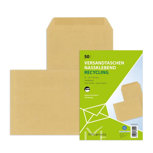 MAILmedia Versandtasche DIN B5 176 x 250 mm (B x H) mit gummierter Klappe ohne Fenster 90g/m² braun 50 St./Pack.