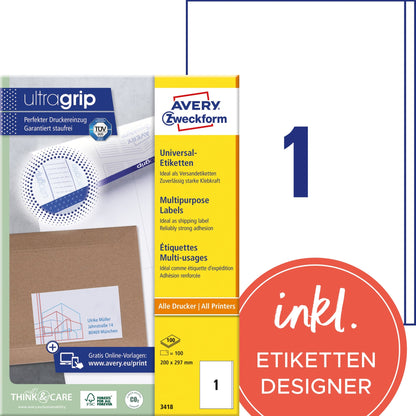 Avery Zweckform Universaletikett ultragrip 200 x 297 mm (B x H) nicht wieder ablösbar Papier weiß 100 Etik./Pack.