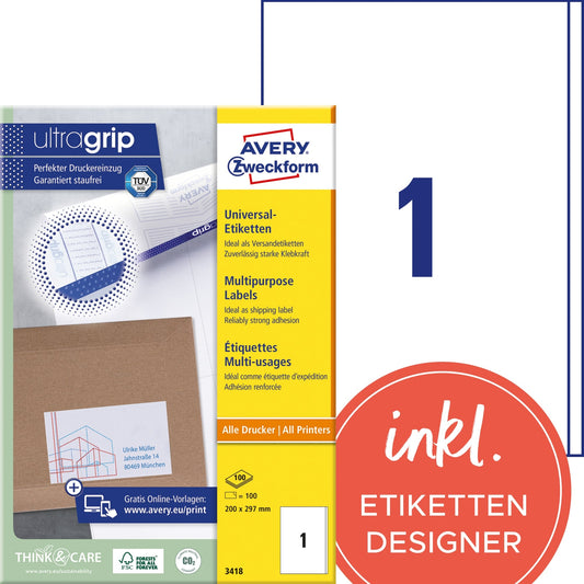 Avery Zweckform Universaletikett ultragrip 200 x 297 mm (B x H) nicht wieder ablösbar Papier weiß 100 Etik./Pack.