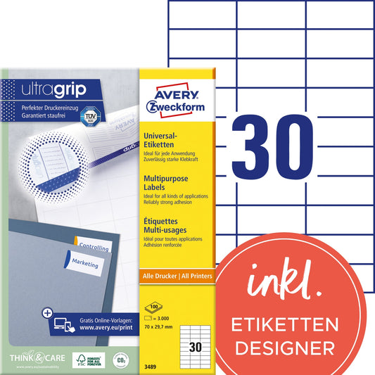 Avery Zweckform Universaletikett ultragrip 70 x 29,7 mm (B x H) nicht wieder ablösbar Papier weiß 3.000 Etik./Pack.