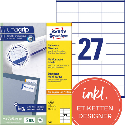 Avery Zweckform Universaletikett ultragrip 70 x 32 mm (B x H) nicht wieder ablösbar Papier weiß 2.700 Etik./Pack.