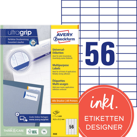 Avery Zweckform Universaletikett ultragrip 52,5 x 21,2 mm (B x H) nicht wieder ablösbar Papier weiß 5.600 Etik./Pack.