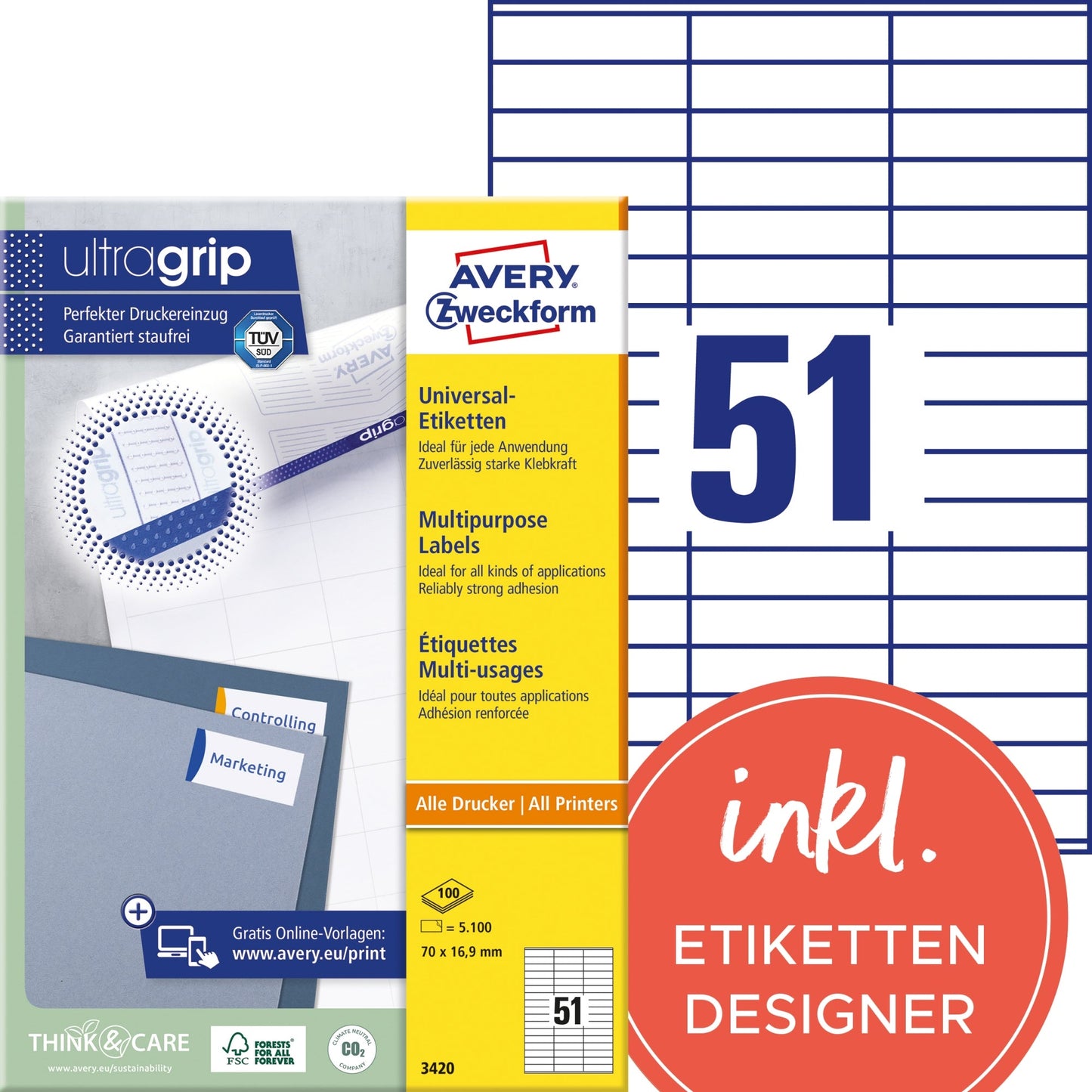Avery Zweckform Universaletikett ultragrip 70 x 16,9 mm (B x H) nicht wieder ablösbar Papier weiß 5.100 Etik./Pack.