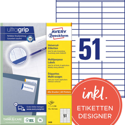 Avery Zweckform Universaletikett ultragrip 70 x 16,9 mm (B x H) nicht wieder ablösbar Papier weiß 5.100 Etik./Pack.