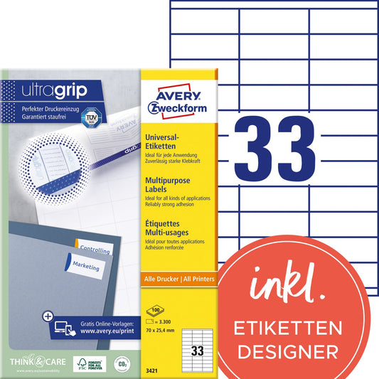 Avery Zweckform Universaletikett ultragrip 70 x 25,4 mm (B x H) nicht wieder ablösbar Papier weiß 3.300 Etik./Pack.